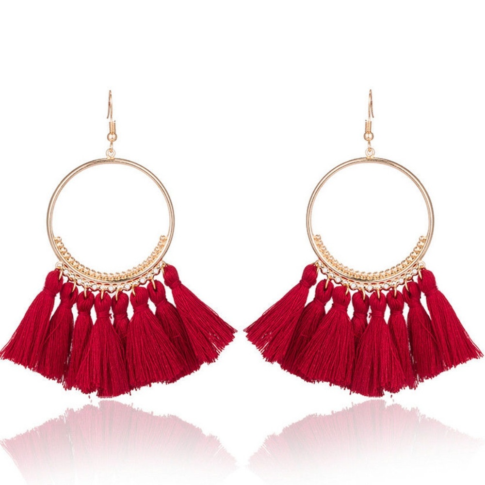 Long Tassel Fringe Boho Earrings ~ RED